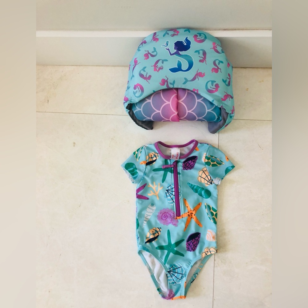 Cat & Jack Aqua Seashell Print Short-Sleeve One-Piece  Swimsuit with Float Vest